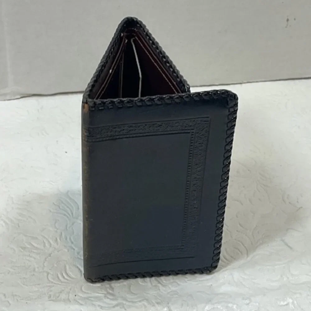 VTG Black Leather Trifold Tooled Stitched Wallet